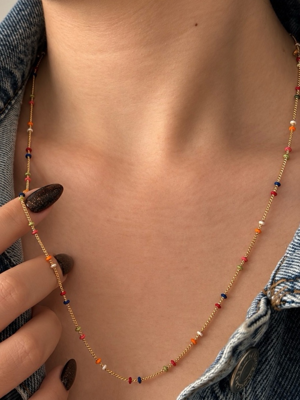 14K Gold Plated Multicolor Beaded Long Chain Necklace 23.6”
